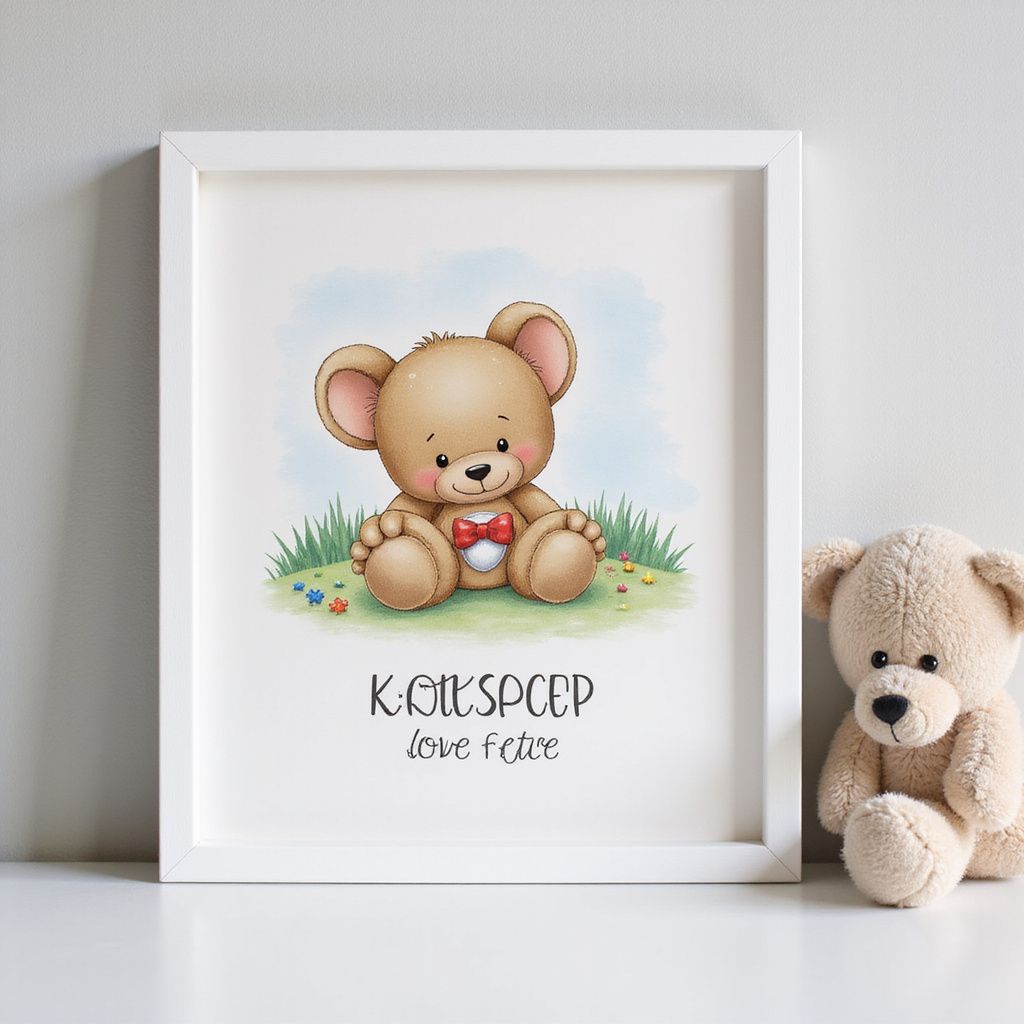A framed illustration of a brown teddy bear sitting in grass with a red bow tie.