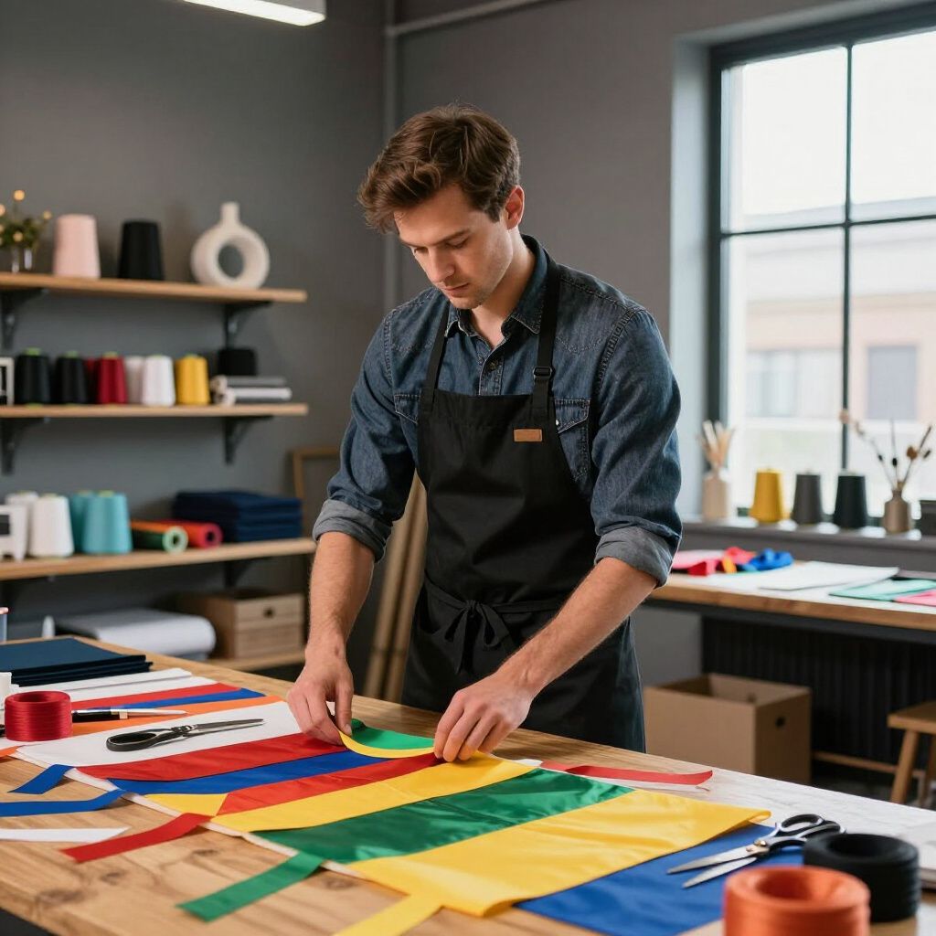 Man in apron working on colorful fabric on a table in a workshop, window in background.