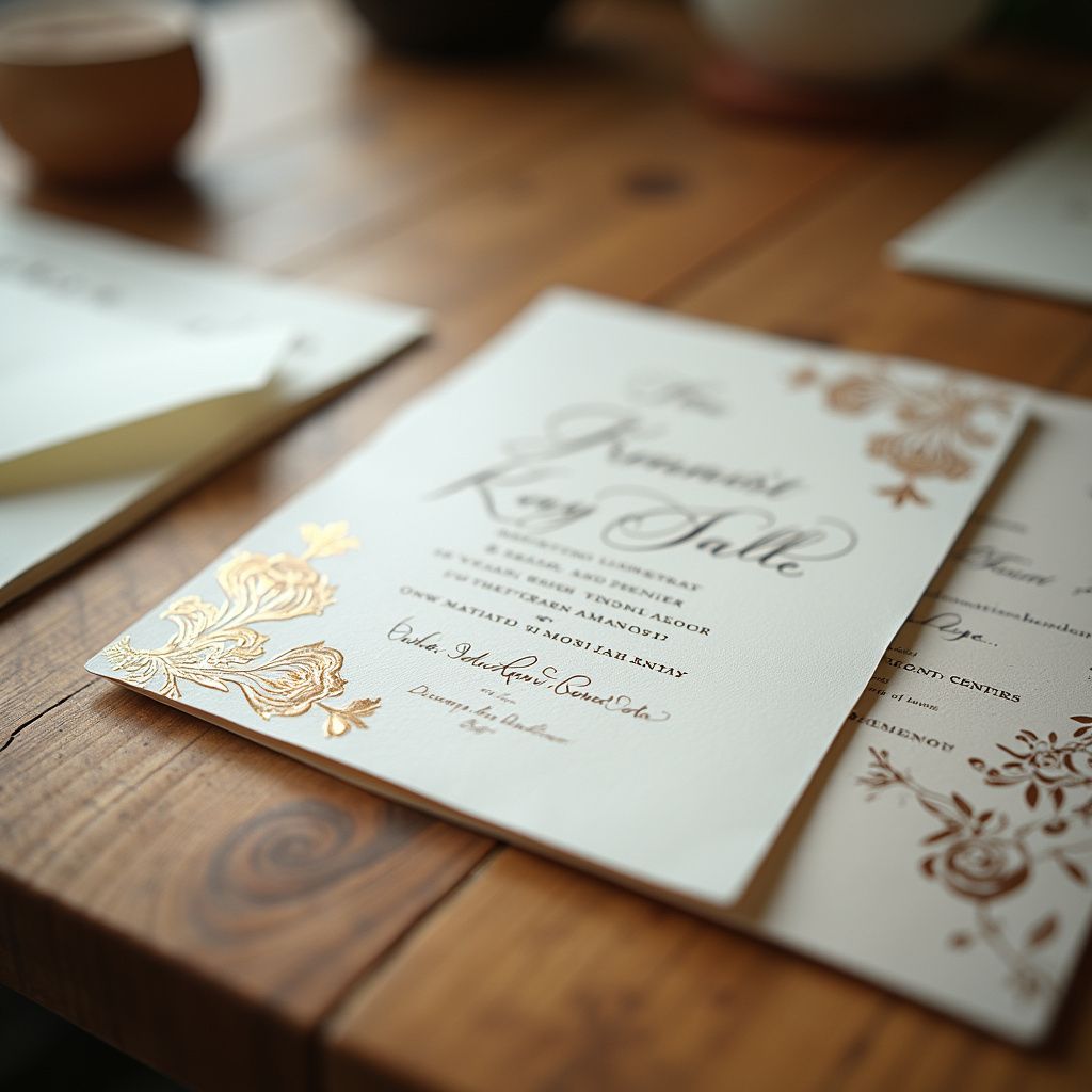 Cream-colored wedding invitations with gold floral accents on a wooden table.