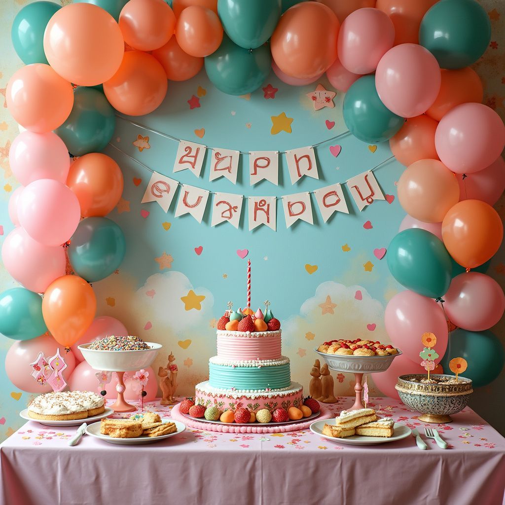 Birthday party with balloons, banner, cake, and food on a table. Pastel colors dominate.