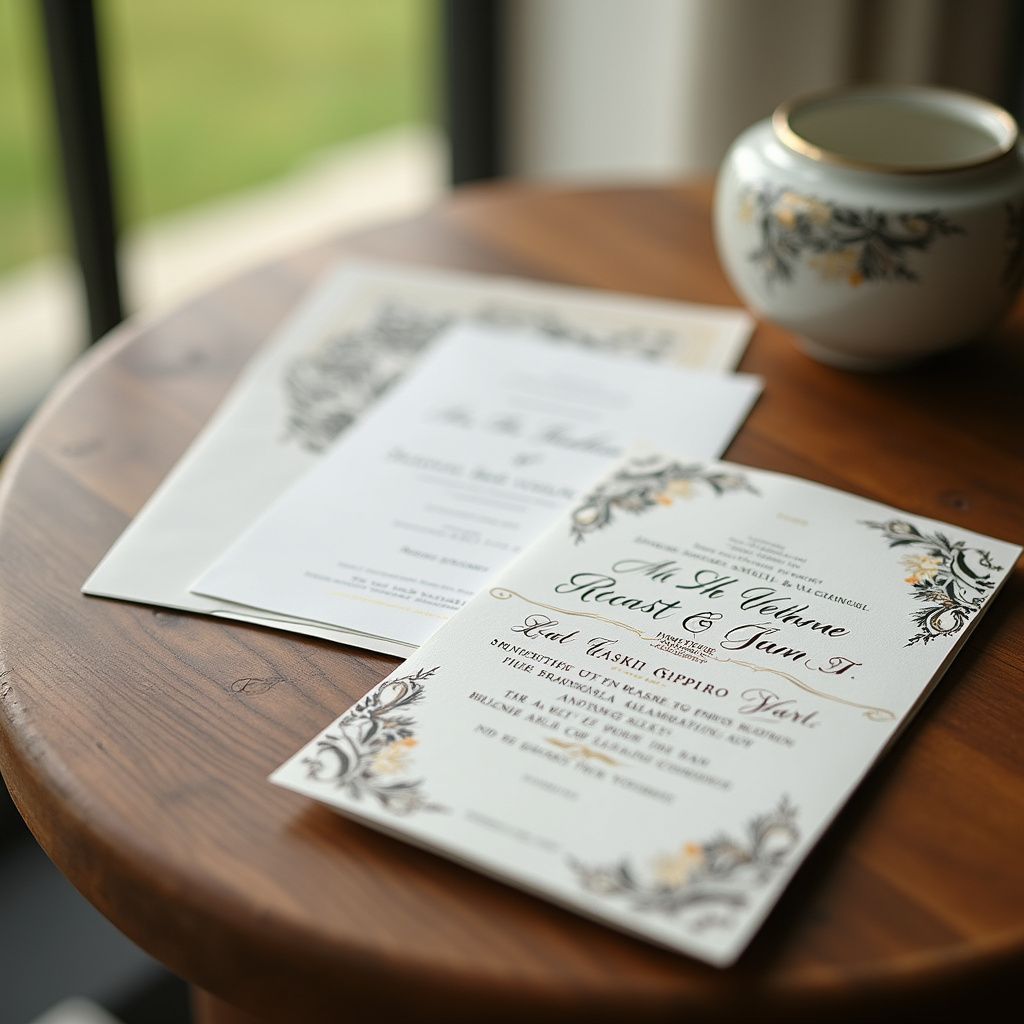 Wedding invitations and a decorative cup on a wooden table.