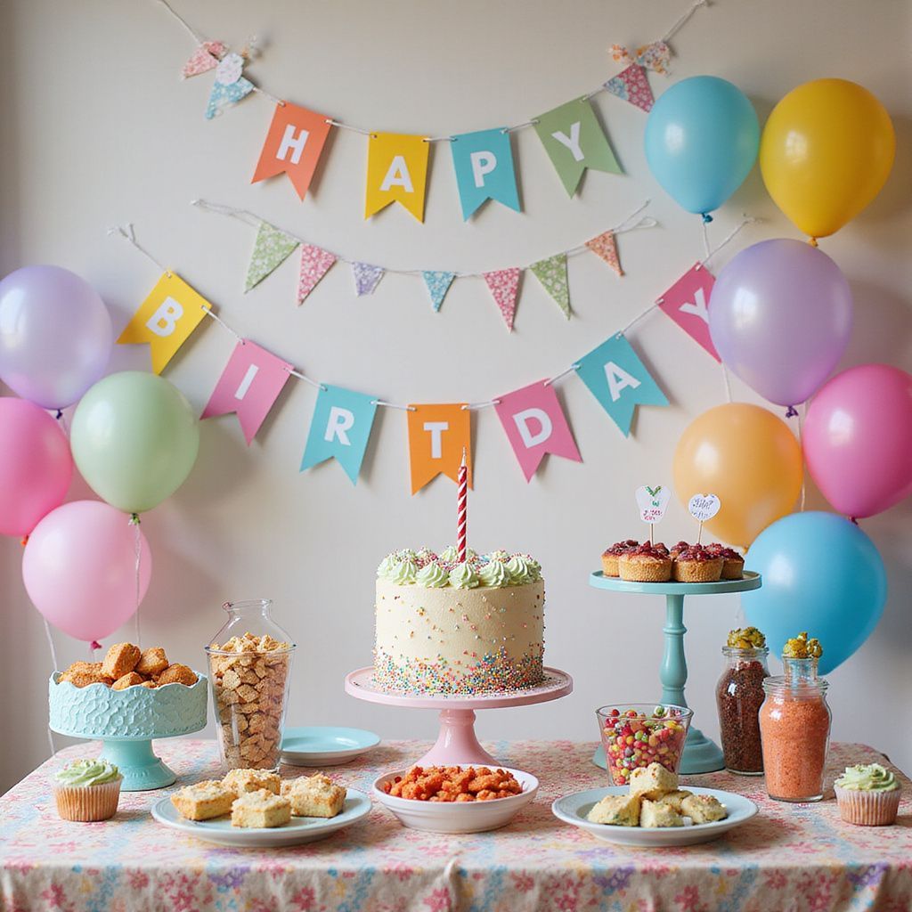 Birthday party setup: cake, treats, colorful balloons, and festive banner against a wall.