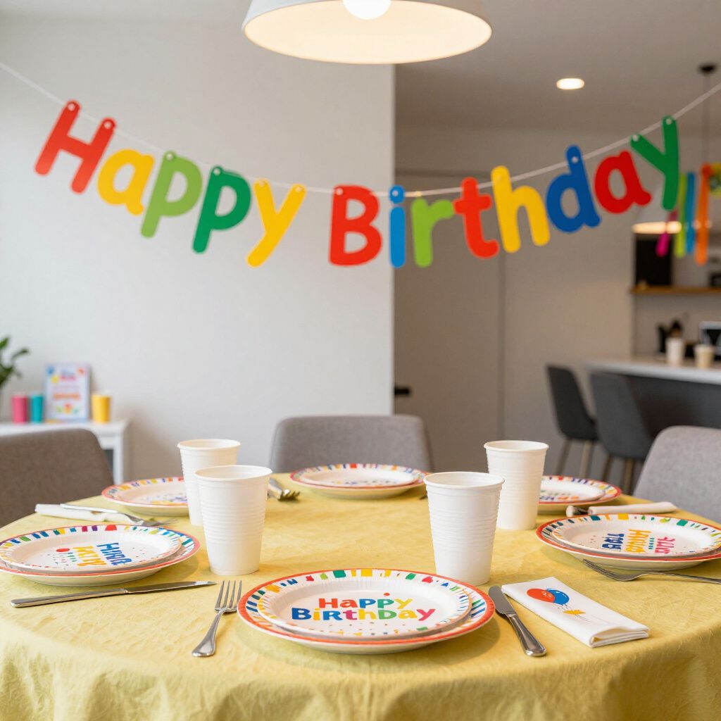 Birthday table setting with colorful banner, plates, cups, and utensils.