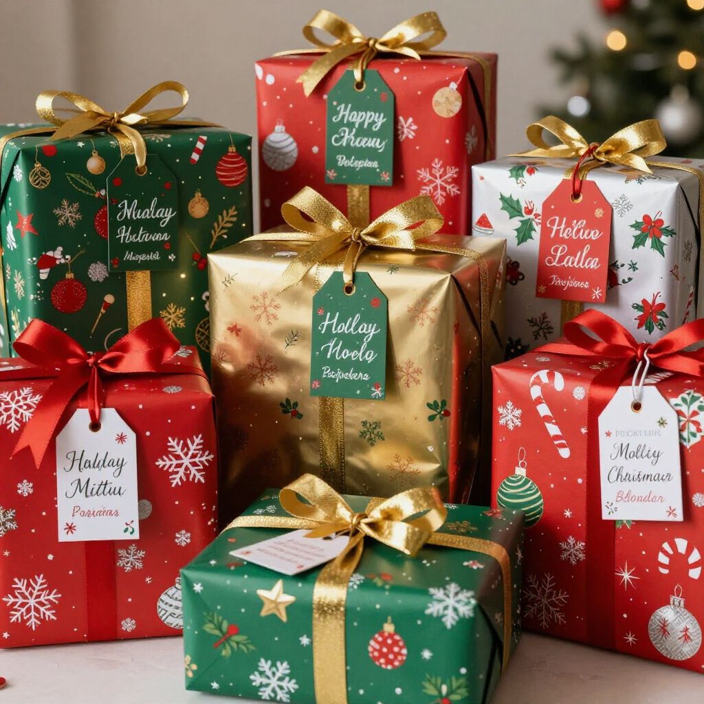 Wrapped Christmas gifts with gold ribbons and tags.