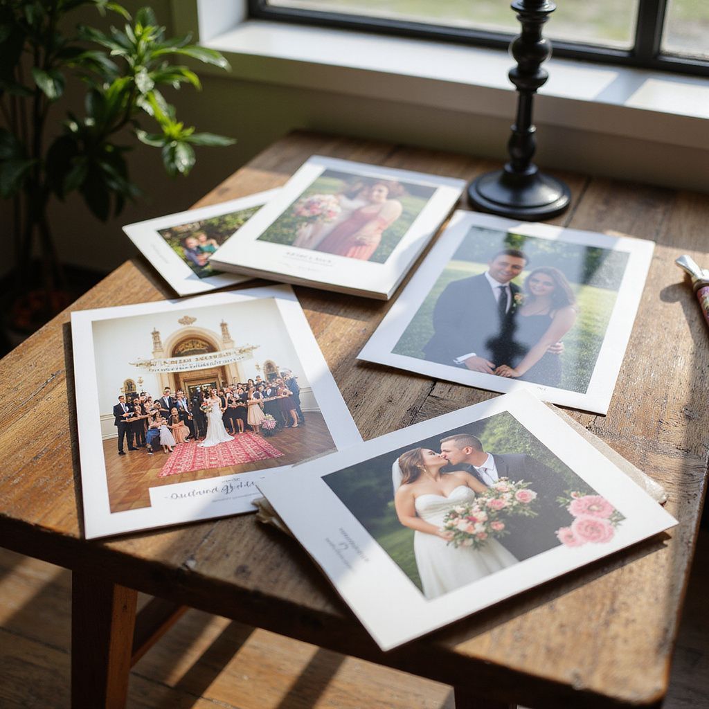 Photos of a wedding arranged on a wooden table, next to a window and plant.