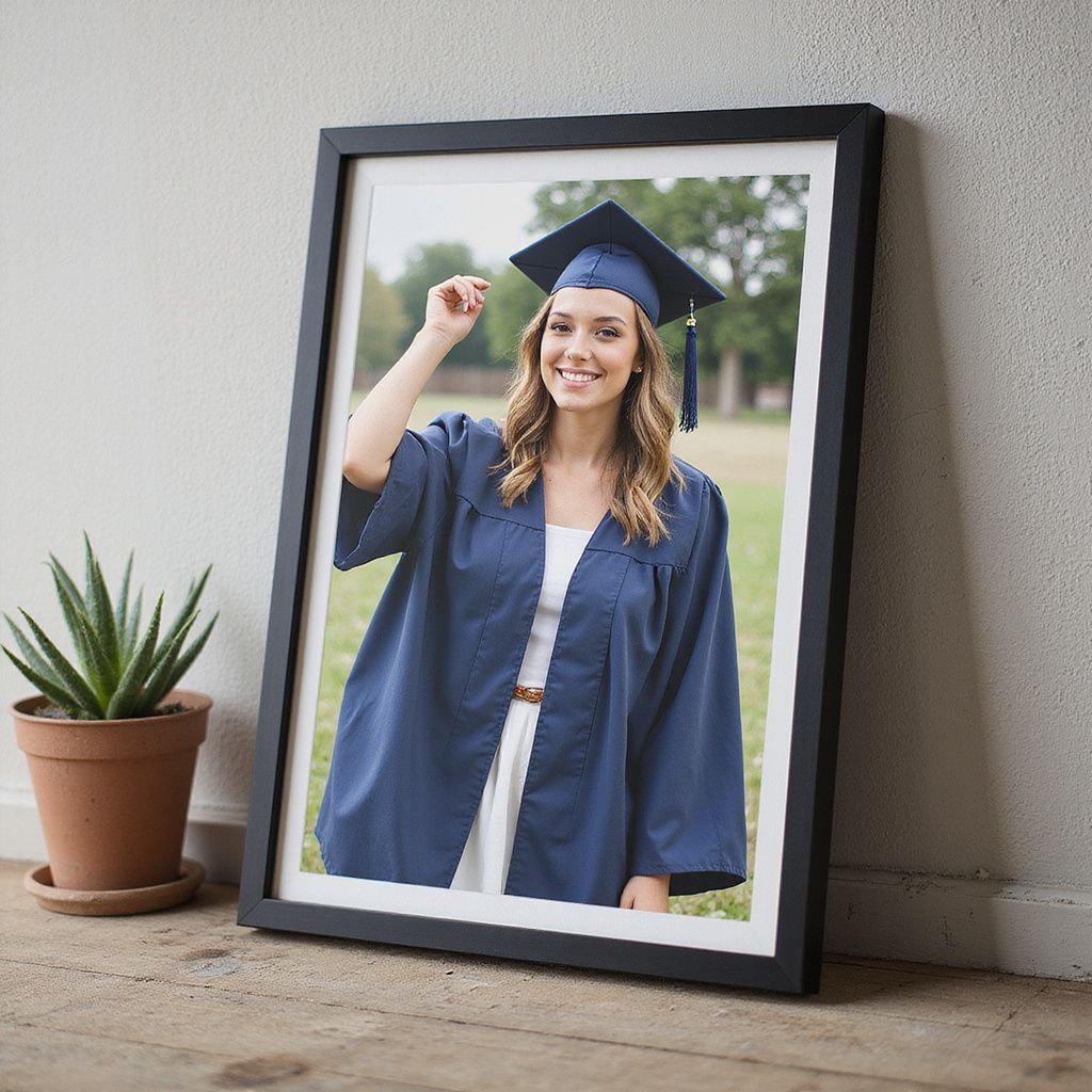 Graduation photo in a frame; great to remember this new chapter .