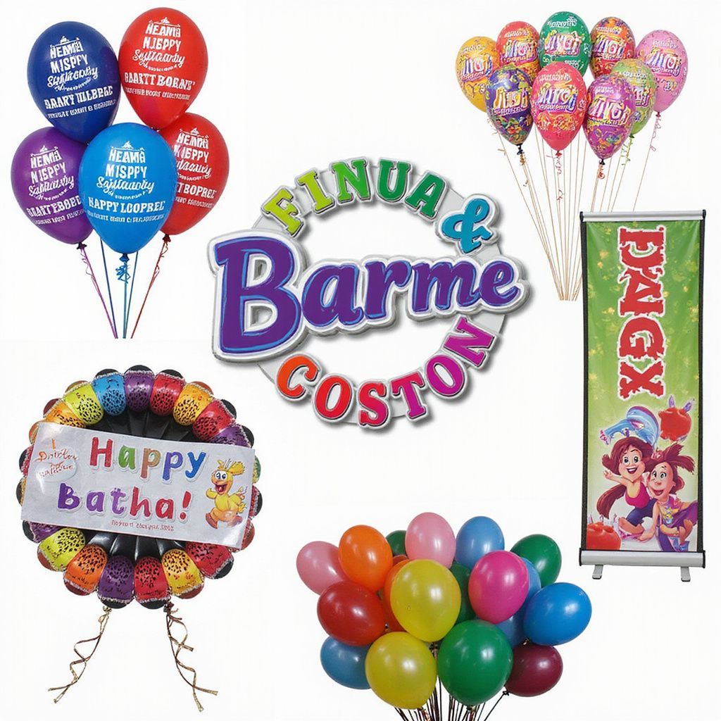 Party decorations: balloons, banners, and a wreath with a custom name 