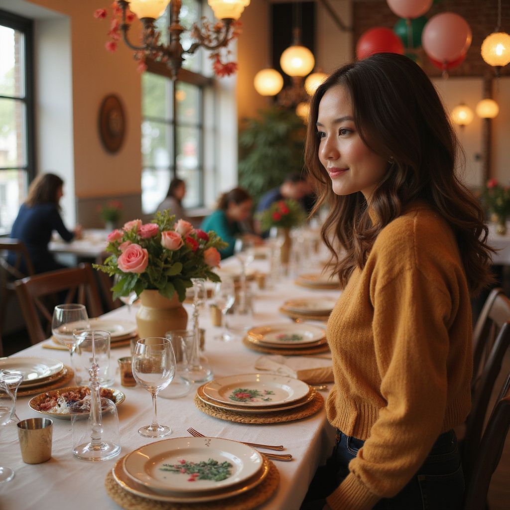 customers seated at a decorated table, looking towards the right, in a restaurant reception