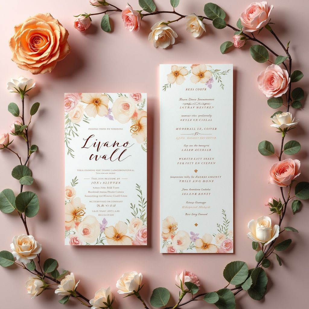 Wedding invitations surrounded by a floral wreath, in peach and pink tones, with a white background.