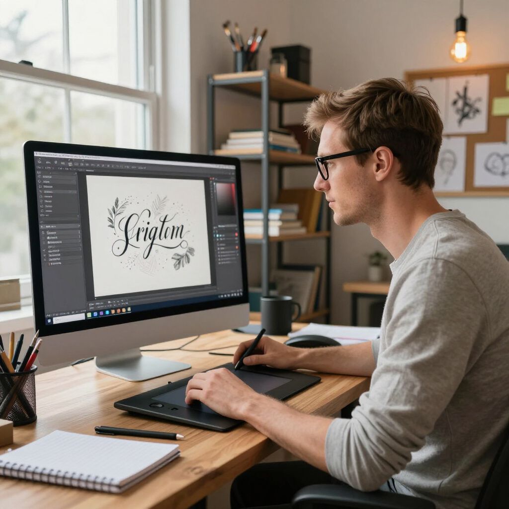 Man with glasses working on a computer at a desk, using a stylus tablet.