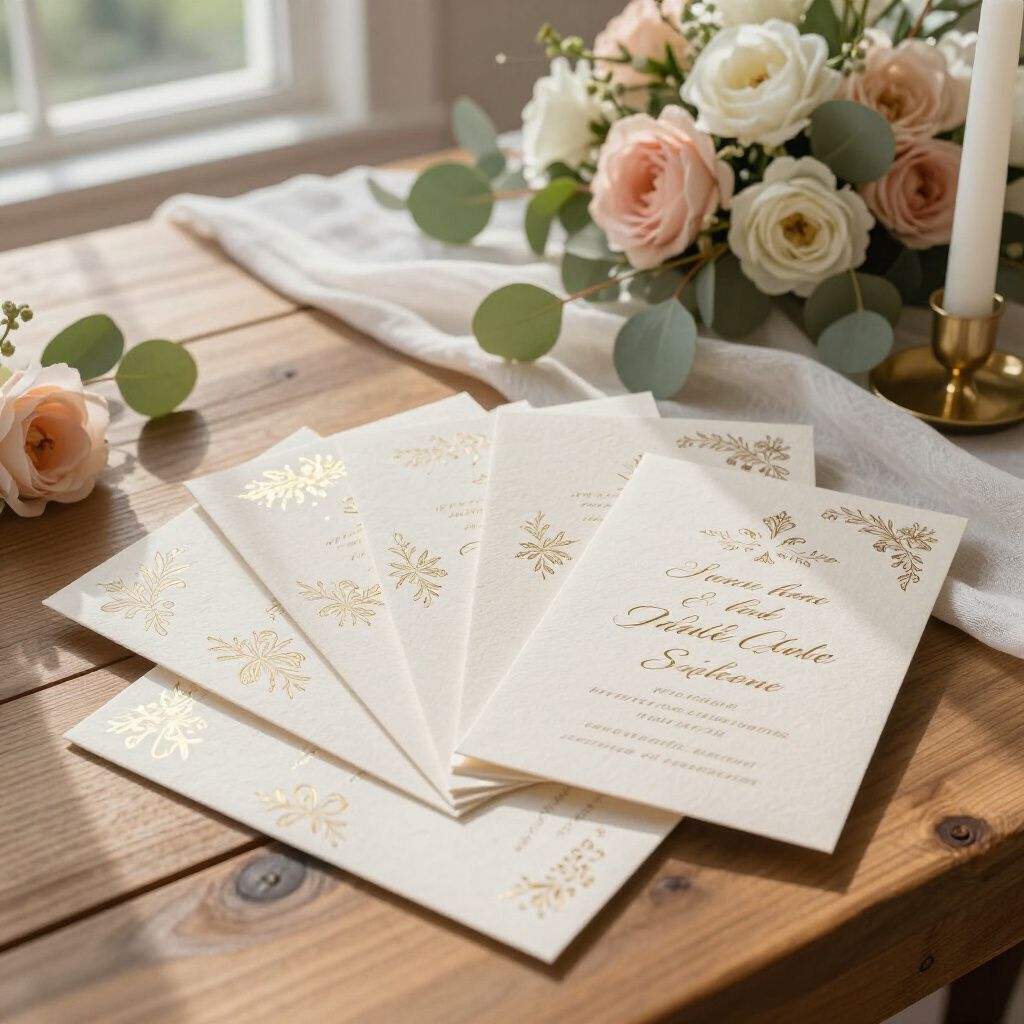 Wedding invitations, arranged on a wooden table, with flowers and a candle in the background.
