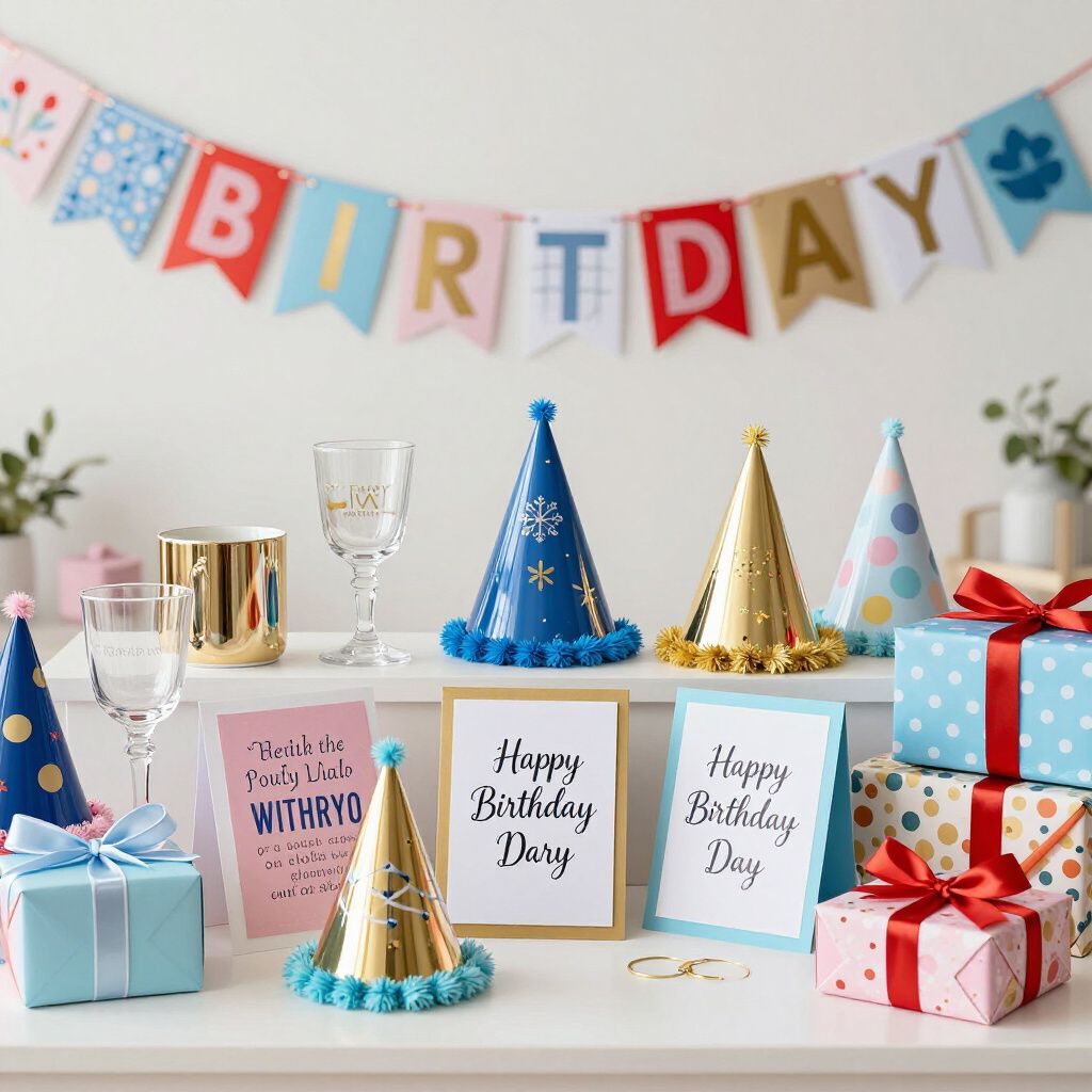 Birthday party setup with hats, gifts, cards, banner saying 