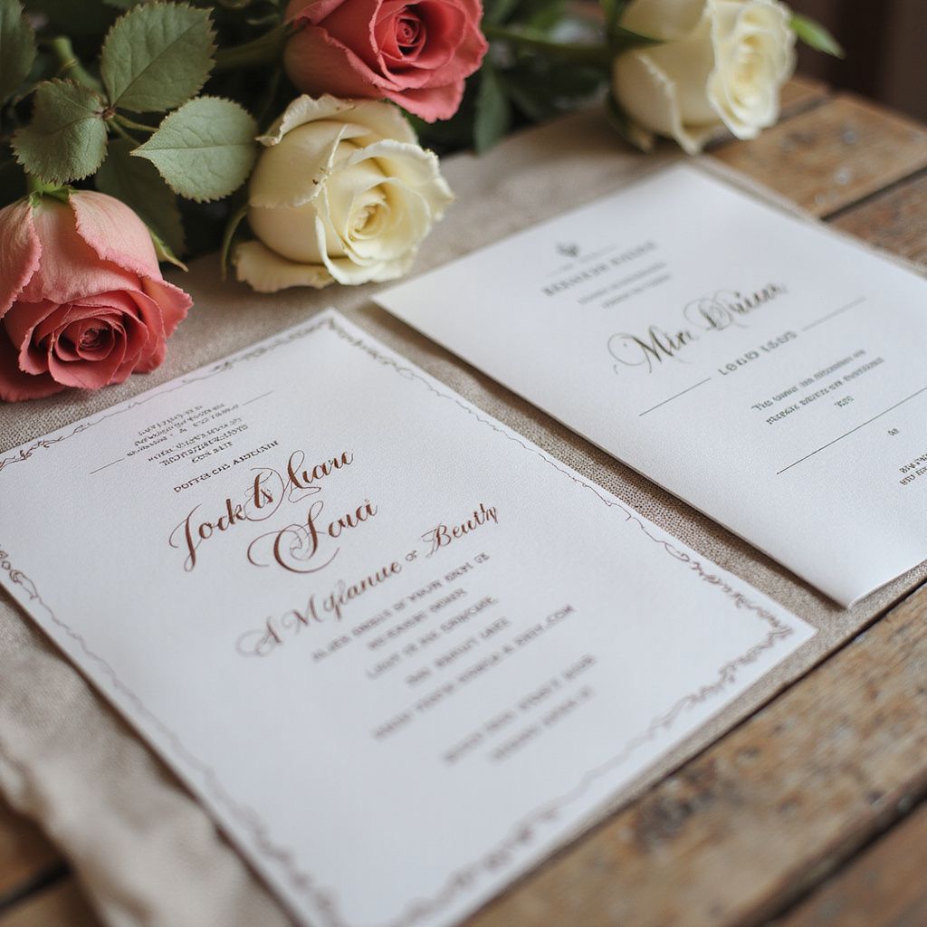 Wedding invitations with roses; the invitation is on a wooden surface.