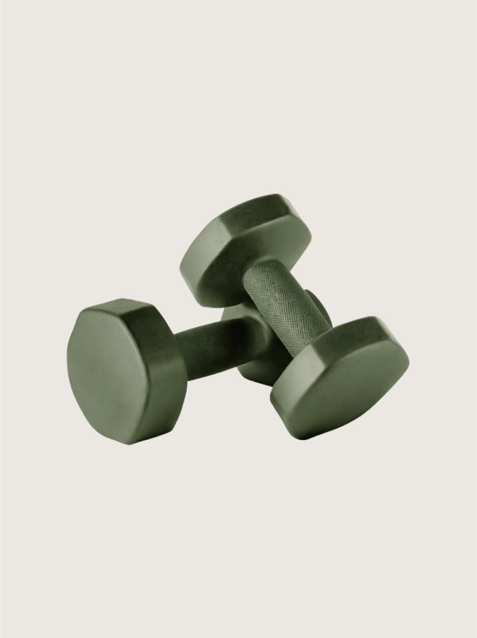 Two dark green hexagonal dumbbells
