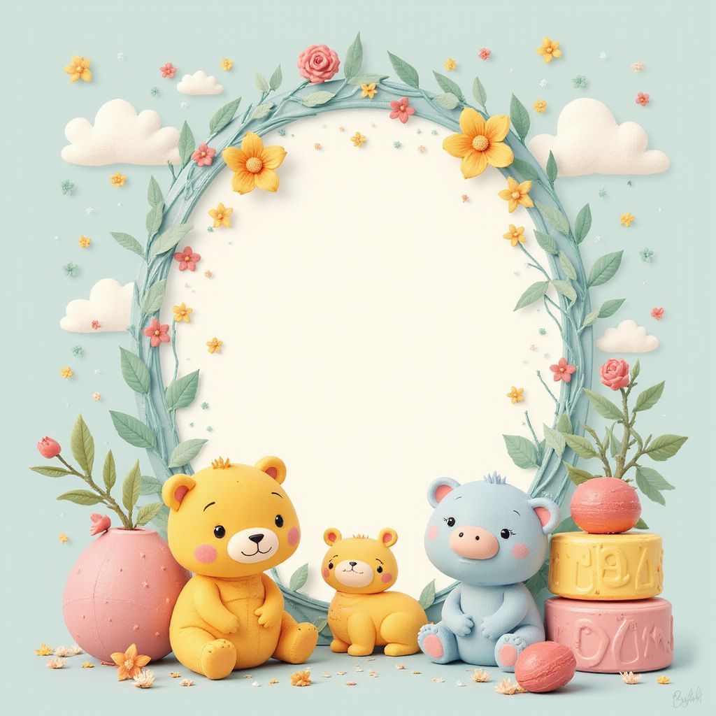 Three cartoon bears sit below a floral frame, light background.