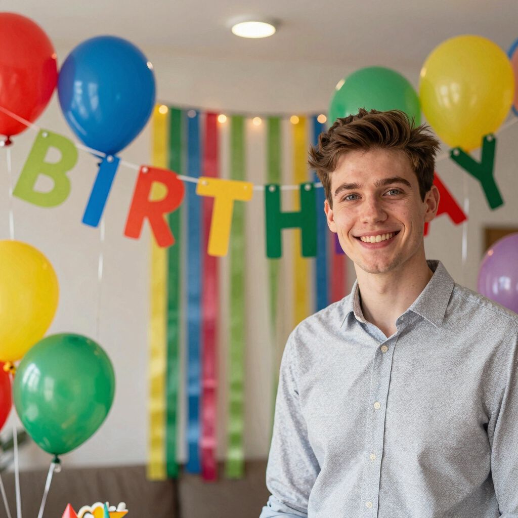 decorations for birthday party, surrounded by balloons and a banner that reads 