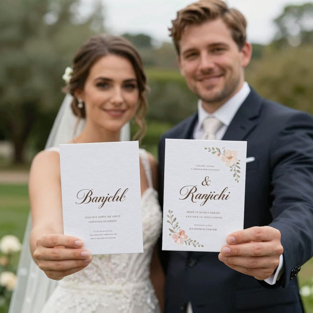 Newlyweds holding wedding announcements; outside, sunny day, formal attire.