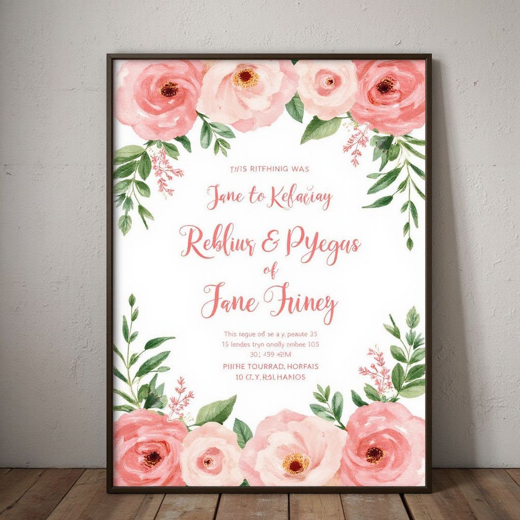 Wedding invitation with floral border. Pink roses, greenery frame text: Jane & Robbius' ceremony details.