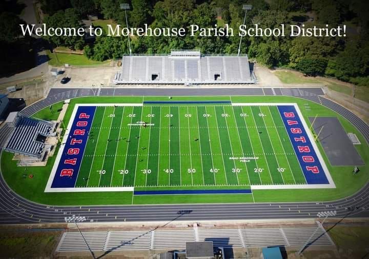 An aerial view of a football field at morehouse parish school district