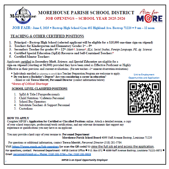 A flyer for morehouse parish school district with a qr code