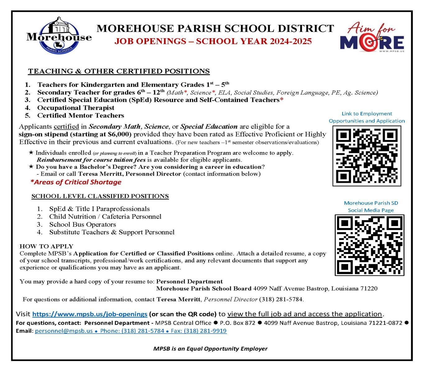 A flyer for morehouse parish school district with a qr code