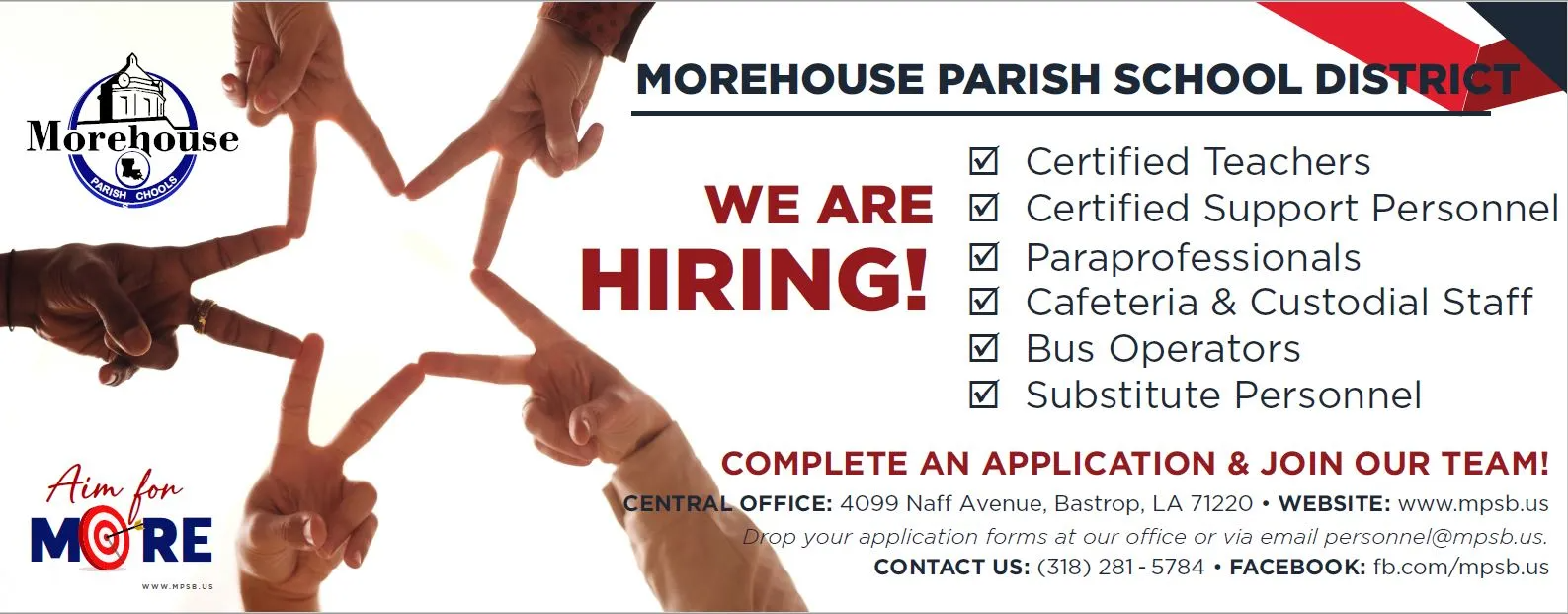 An advertisement for morehouse parish school district says we are hiring