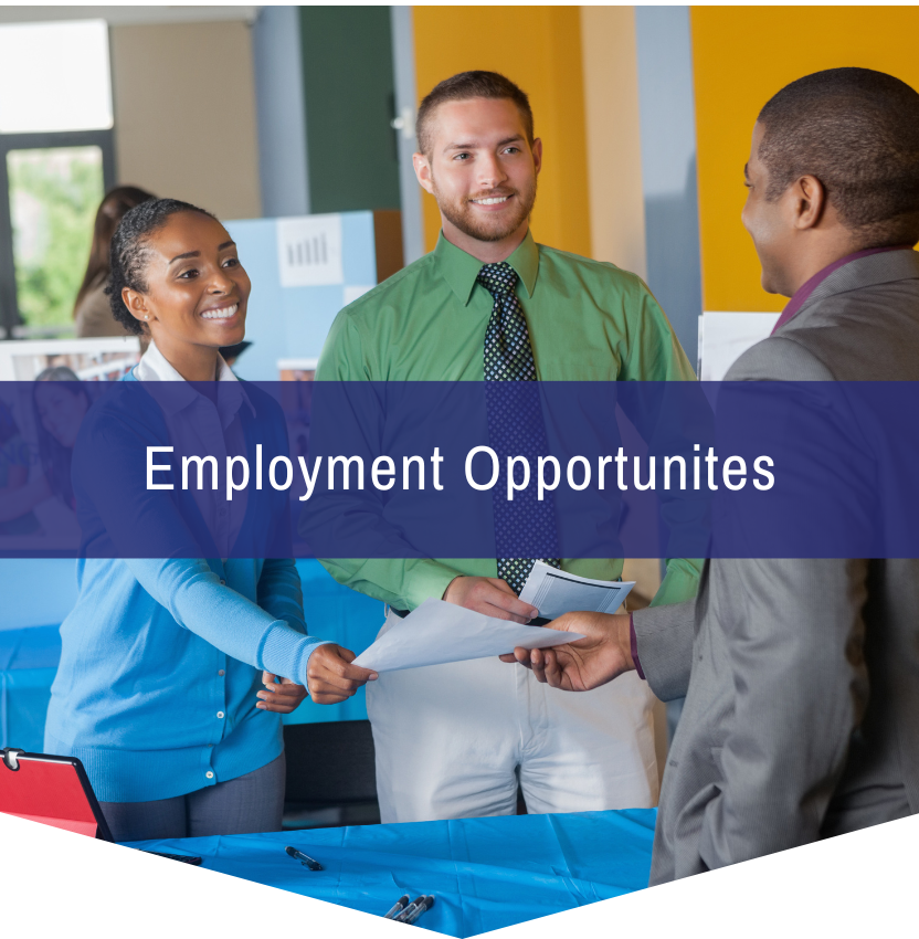 A group of people standing around a table with the words employment opportunities above them