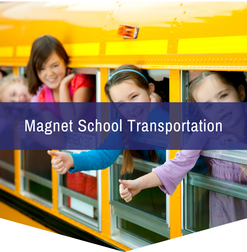 A group of children on a school bus with the words magnet school transportation above them