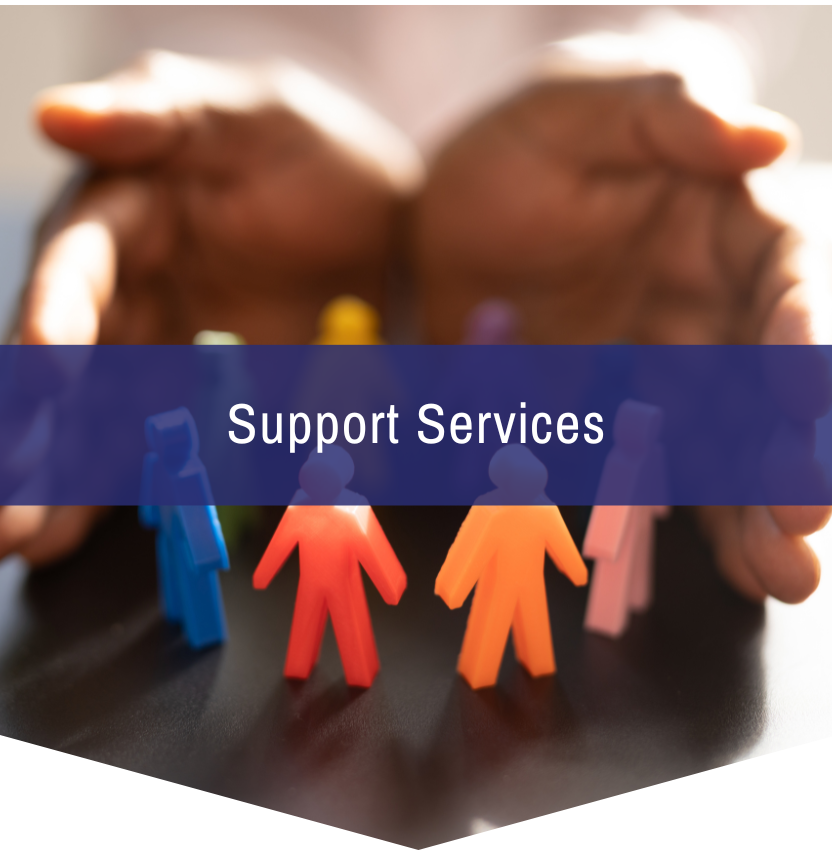 A person is holding a group of people in their hands with the words support services above them