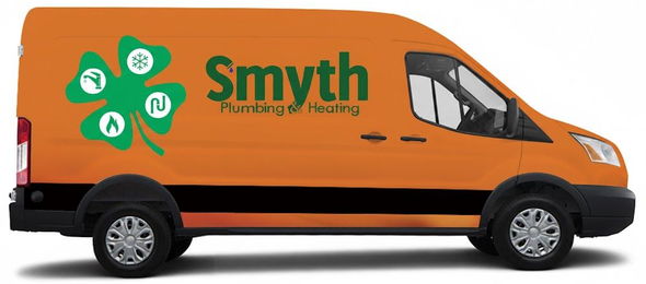 Orange van with the name "Smyth Plumbing & Heating" and a green shamrock logo.