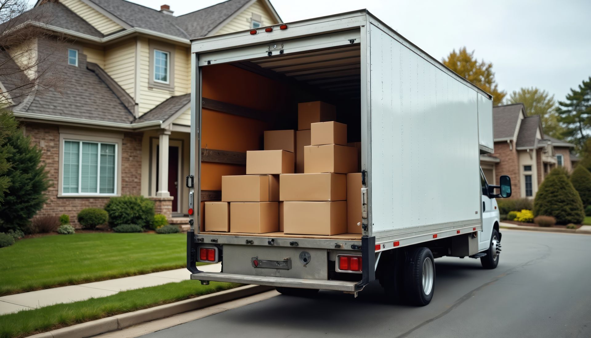 Moving truck with open back loaded with cardboard boxes, parked in front of a house.