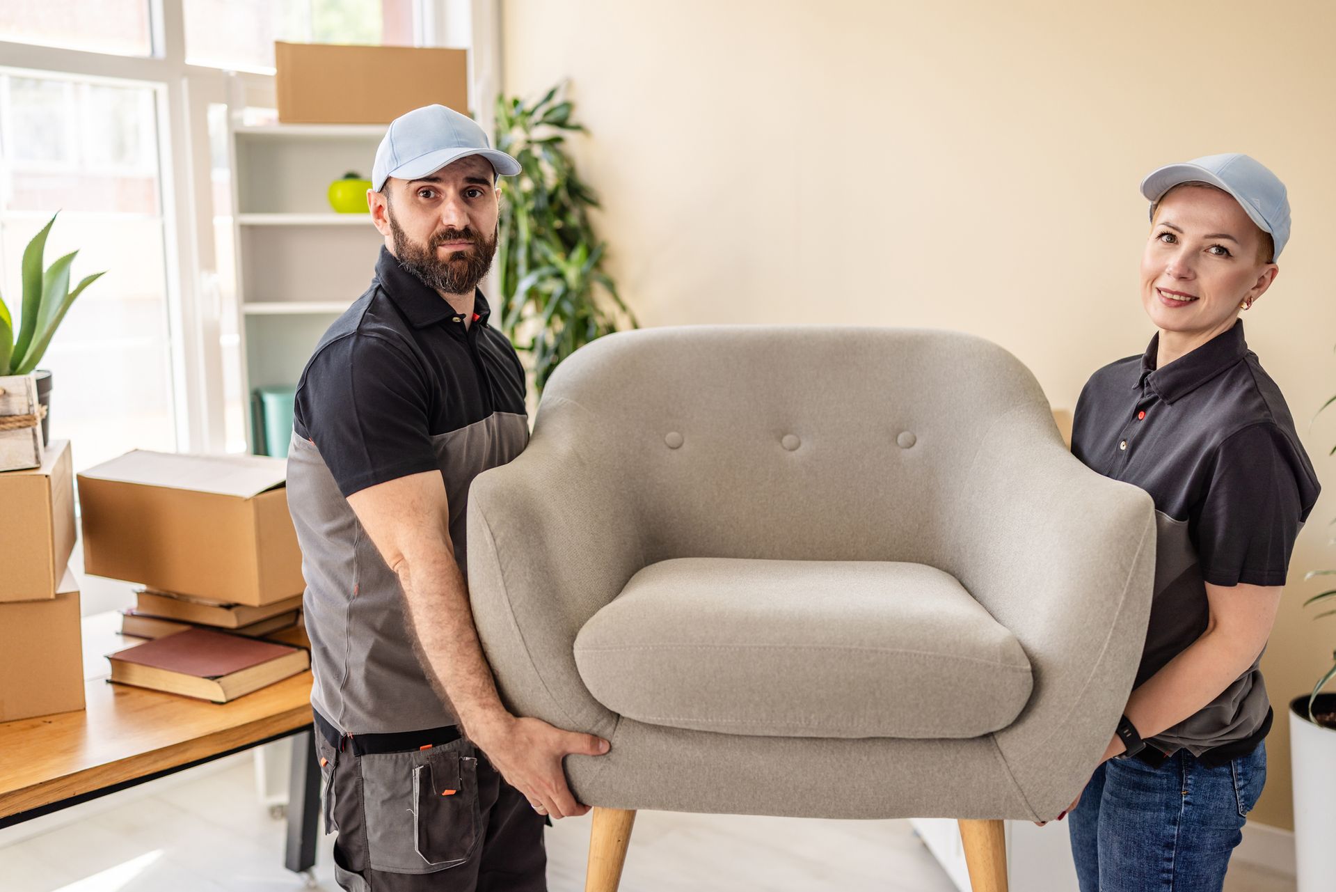 Male and female movers lifting an armchair during a household relocation, demonstrating teamwork.
