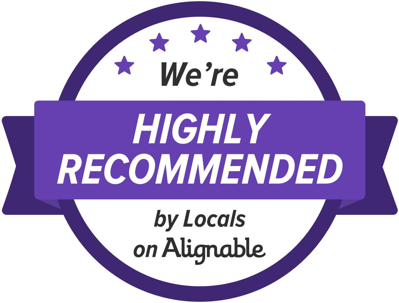 Locals on Alignable Purple “We’re Highly Recommended by Locals on Alignable” badge with stars and ribbon