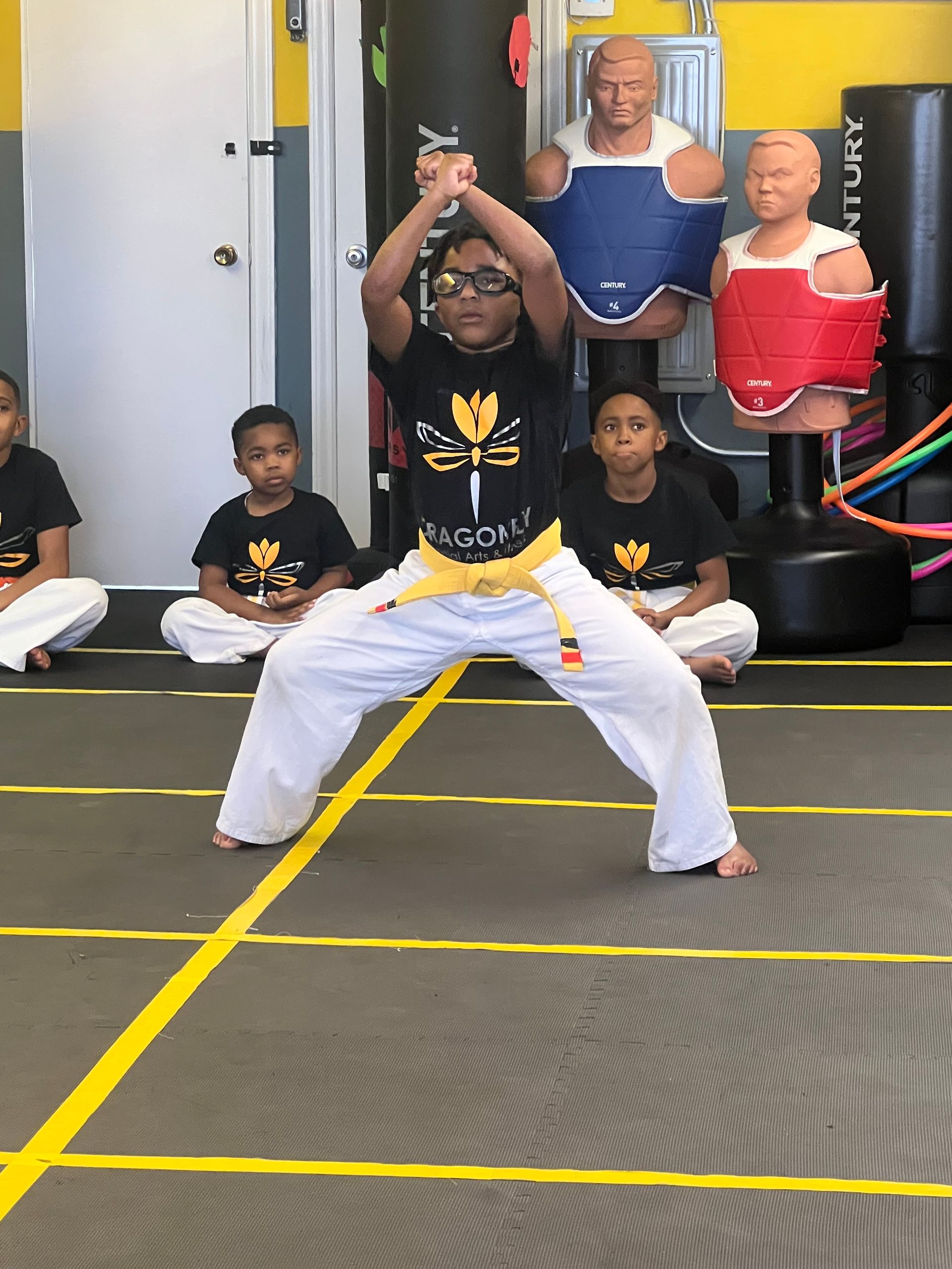 A boy in a black shirt with a tree on it is practicing martial arts
