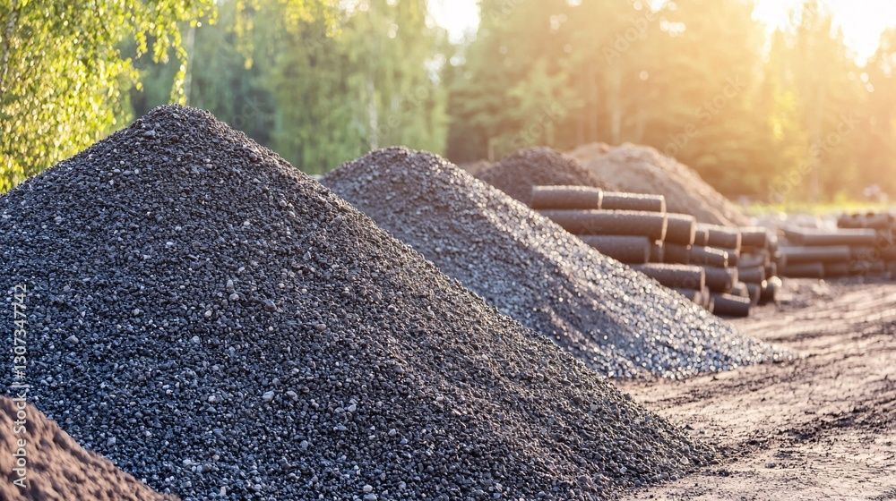 Piles of gravel and dark soil in a construction site, with sunlight shining through trees.
