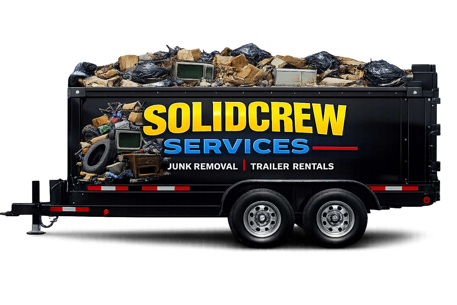 Black trailer filled with junk, branded with 