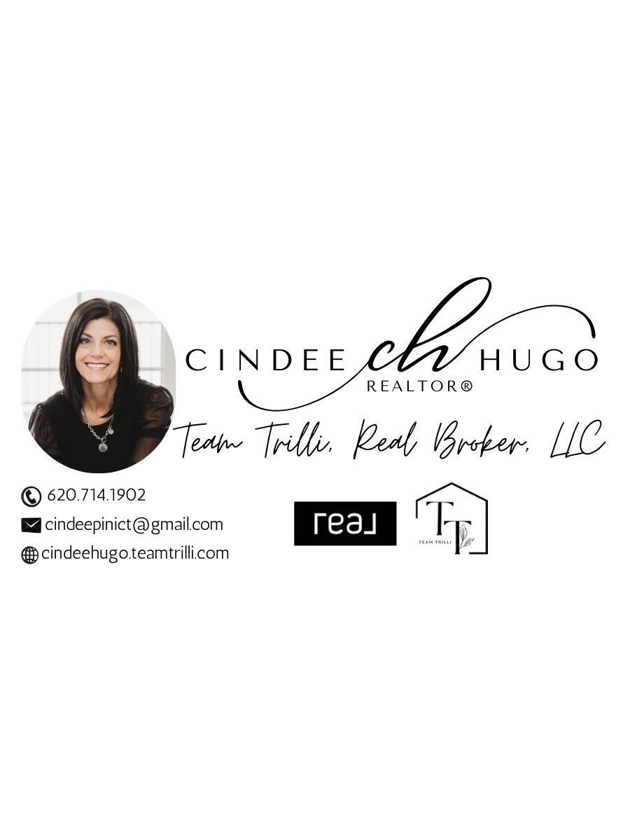 Real estate agent Cindee Hugo's business card, with her photo and contact information.