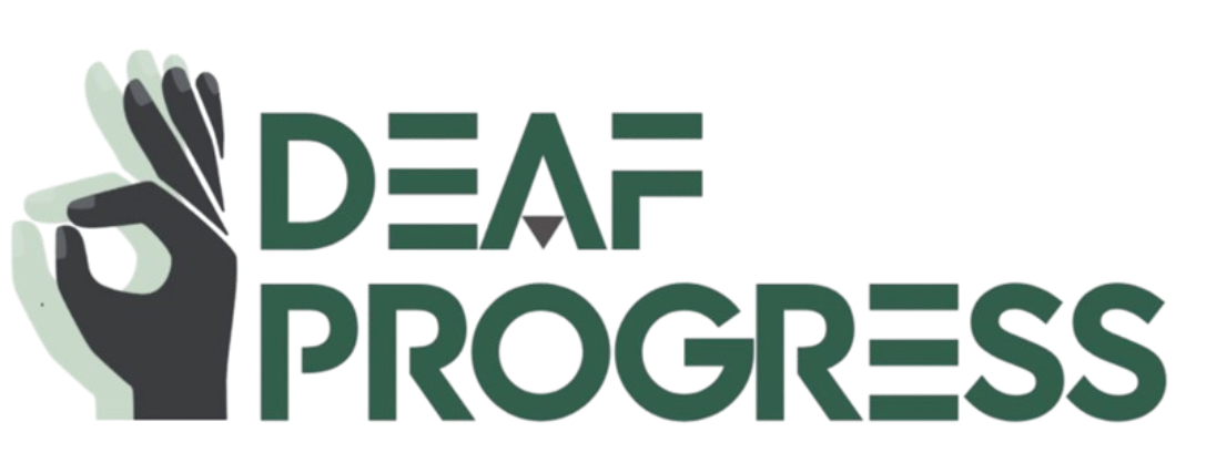 A logo for deaf progress with a hand giving an ok sign.