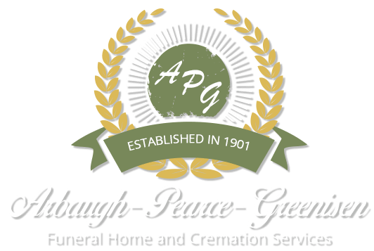 Logo for Albaugh-Pearce-Greenisen Funeral Home and Cremation Services, with circular wreath design and initials "APG".