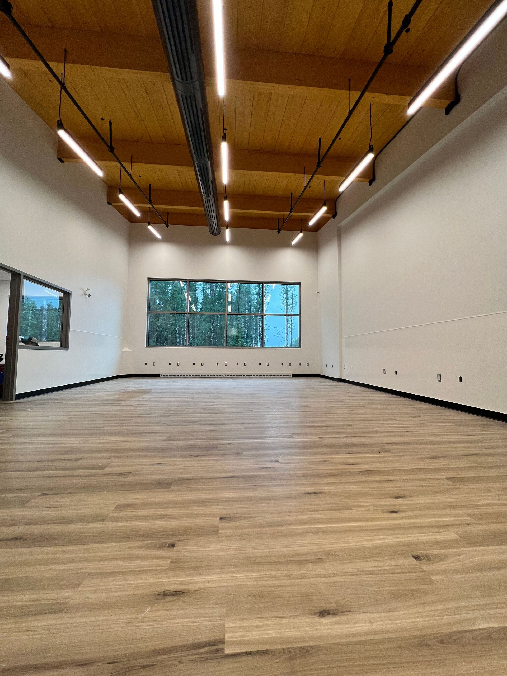 Une grande pièce vide avec du parquet et des murs blancs