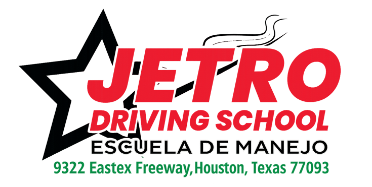 Logo for Jetro Driving School in Houston, Texas. Red text, star graphic, Spanish and English text.