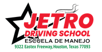 Logo for Jetro Driving School in Houston, Texas. Red text, star graphic, Spanish and English text.
