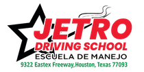 Logo for Jetro Driving School in Houston, Texas. Red text, star graphic, Spanish and English text.