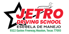 Logo for Jetro Driving School in Houston, Texas. Red text, star graphic, Spanish and English text.