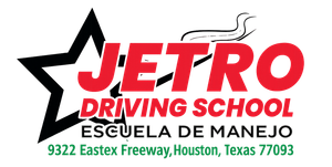 Logo for Jetro Driving School in Houston, Texas. Red text, star graphic, Spanish and English text.