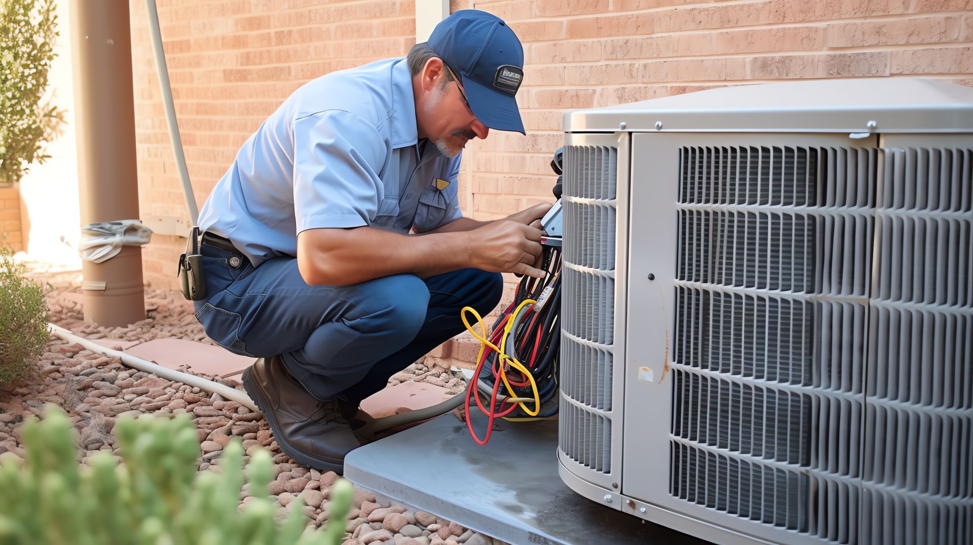HVAC technician in blue uniform repairs an air conditioner unit outdoors by a brick wall.