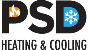 Logo for PSD Heating & Cooling. Black letters PSD with a flame in the 