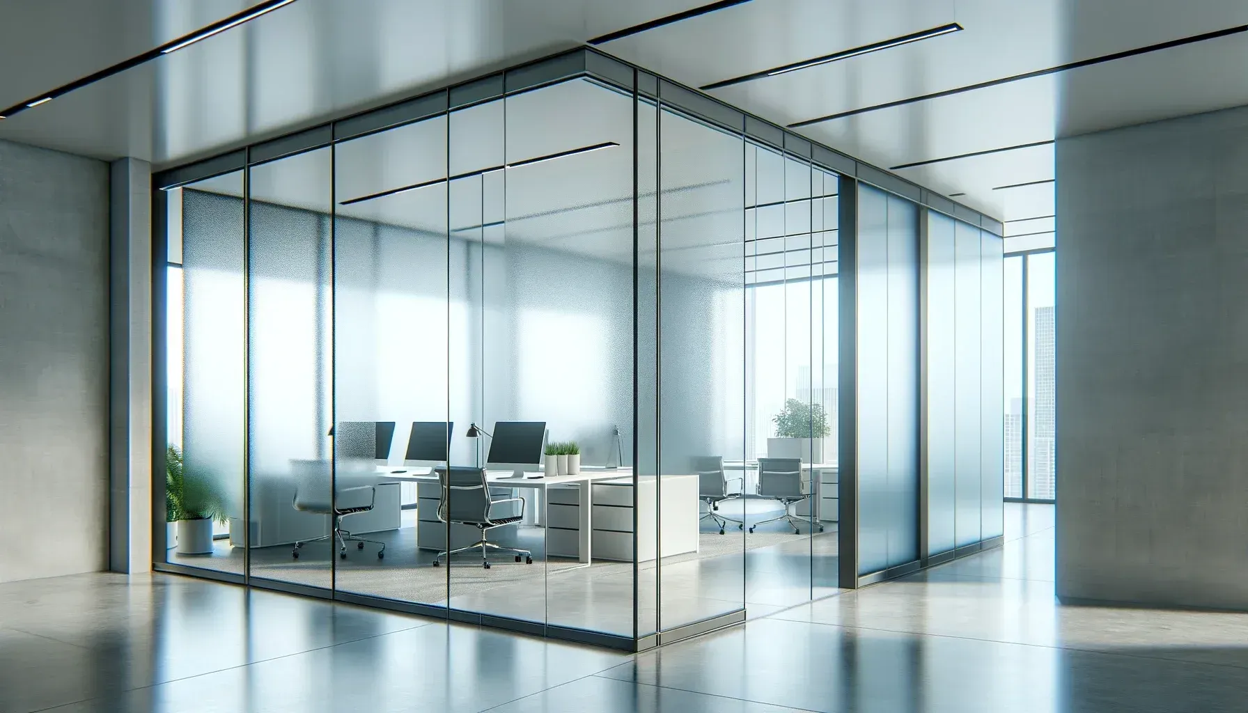 Sandblasted glass partitions