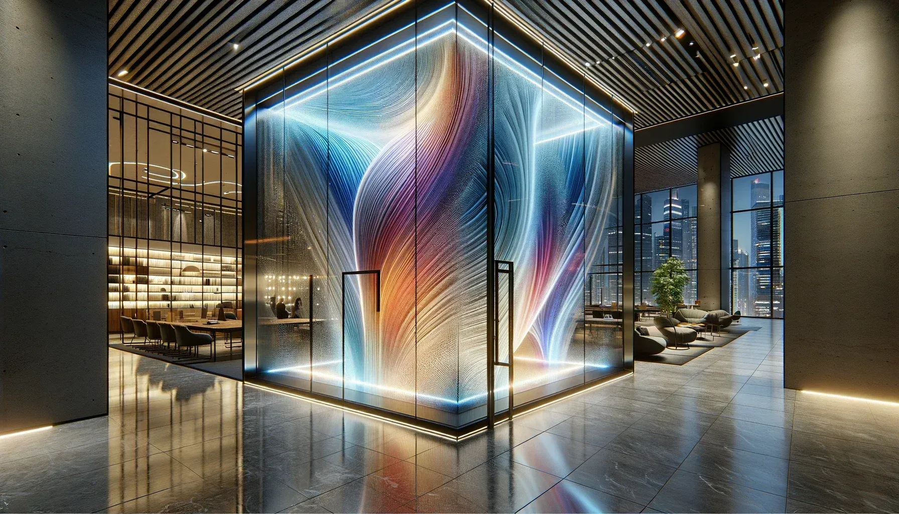 An artist 's impression of a lobby with a large glass wall.