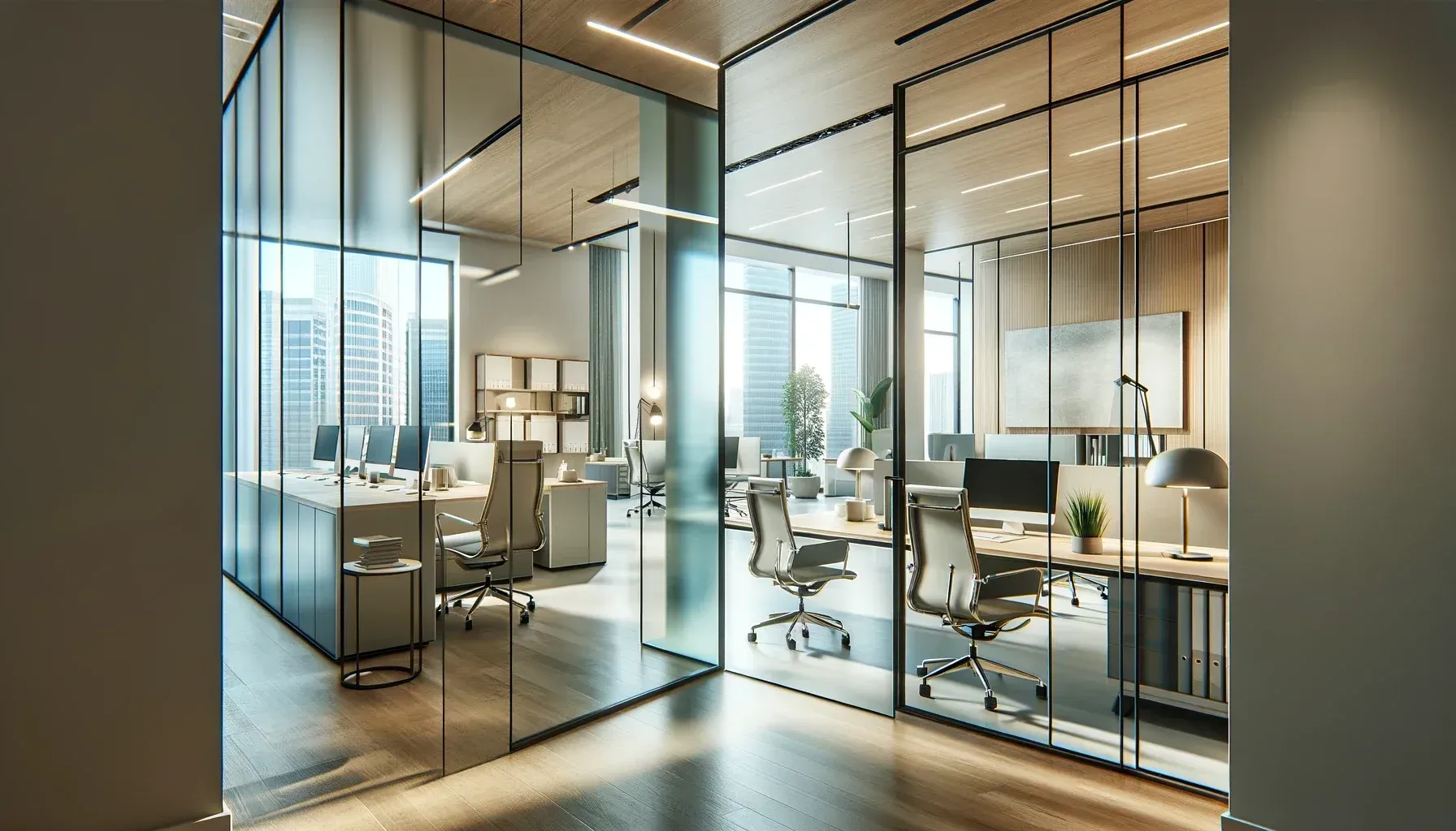 An artist 's impression of a modern office with lots of glass walls.